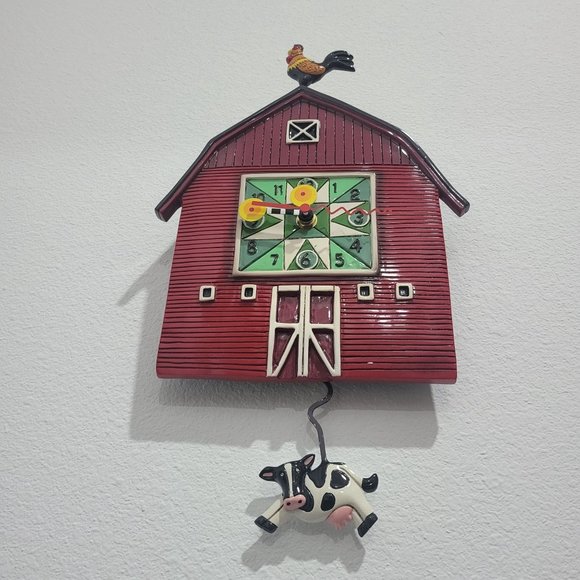 Allen Designs Red Barn Yard Wall Clock Cow Shaped Swinging Pendulum - Picture 11 of 16